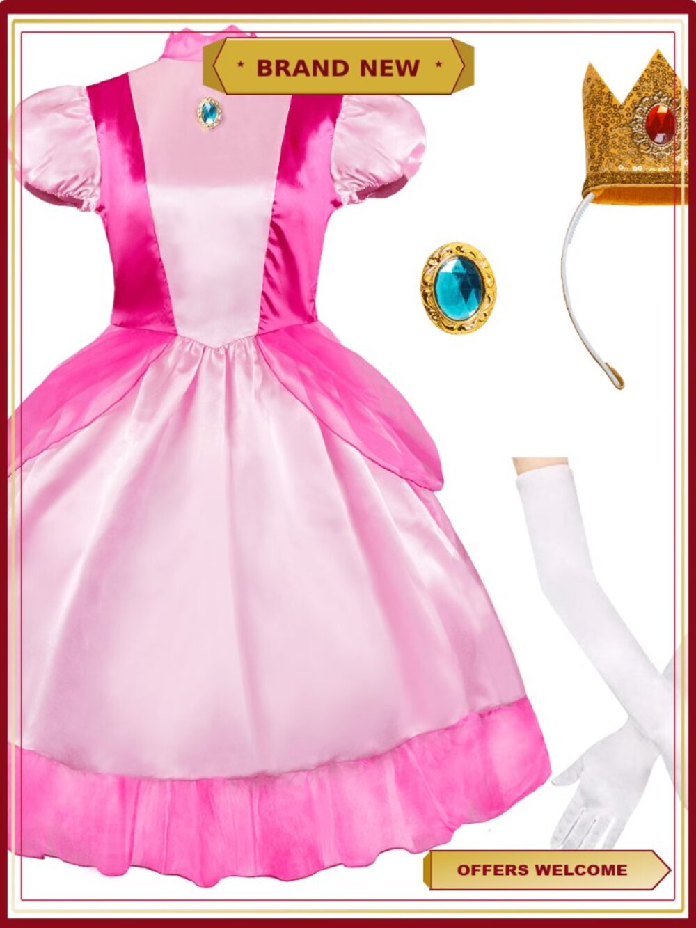 Princess Costume 3 Piece Dress with Crown & Gloves for Adults